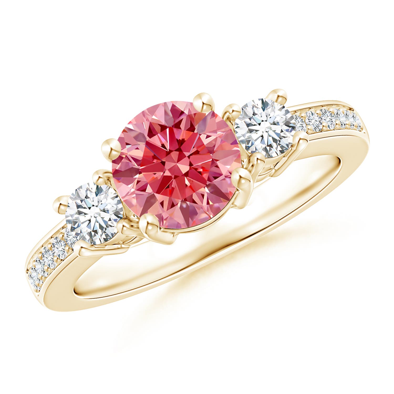 7mm Labgrown Classic Three Stone Lab-Grown Fancy Intense Pink and White Diamond Ring in Yellow Gold