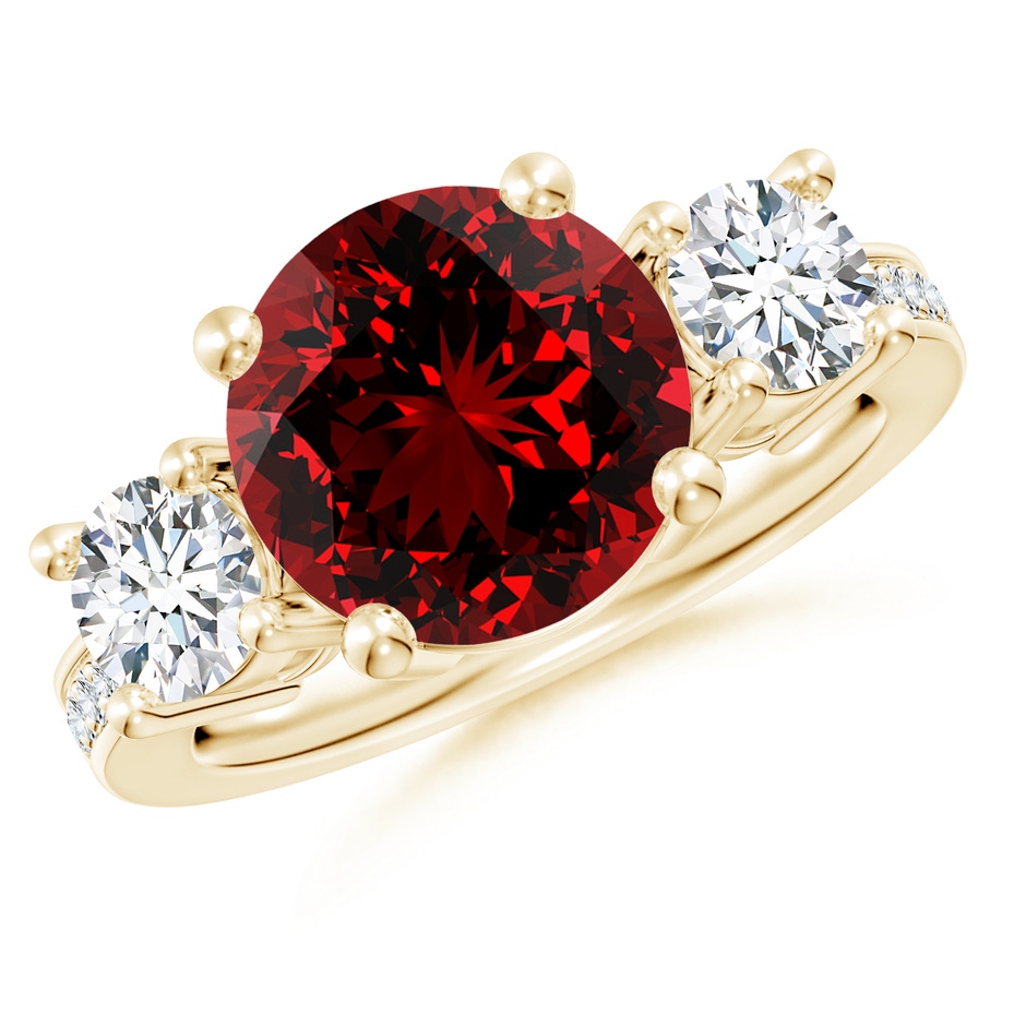 10mm Labgrown Lab-Grown Classic Three Stone Ruby and Diamond Ring in Yellow Gold 