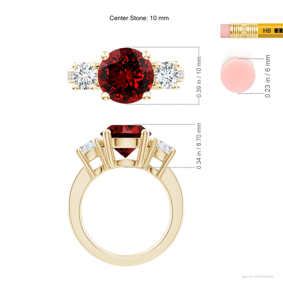 10mm Labgrown Lab-Grown Classic Three Stone Ruby and Diamond Ring in Yellow Gold ruler