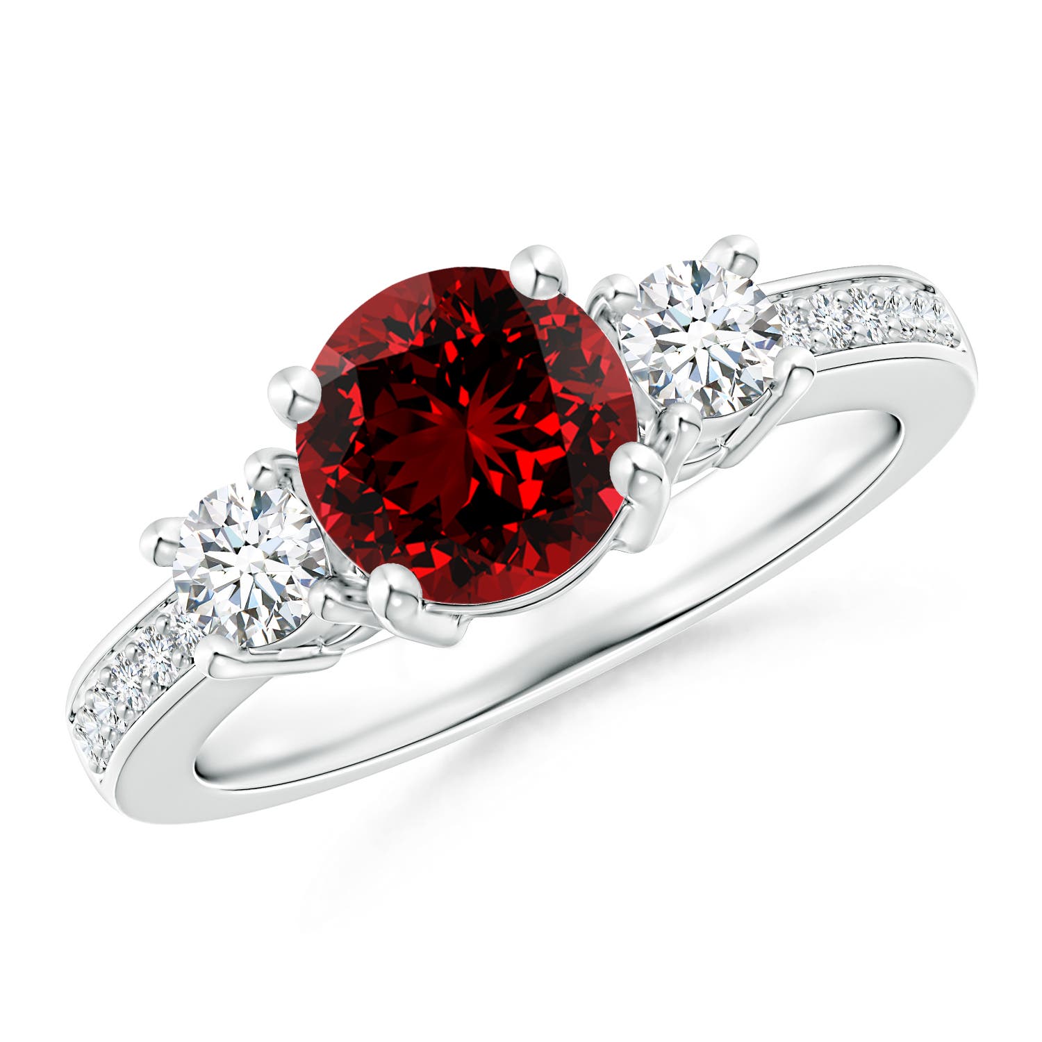 7mm Labgrown Lab-Grown Classic Three Stone Ruby and Diamond Ring in White Gold
