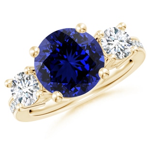 10mm Labgrown Lab-Grown Classic Three Stone Blue Sapphire and Diamond Ring in 9K Yellow Gold