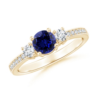 5mm Labgrown Lab-Grown Classic Three Stone Blue Sapphire and Diamond Ring in 9K Yellow Gold