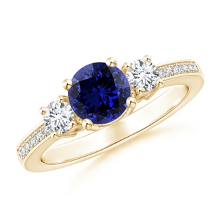 6mm Labgrown Lab-Grown Classic Three Stone Blue Sapphire and Diamond Ring in 9K Yellow Gold