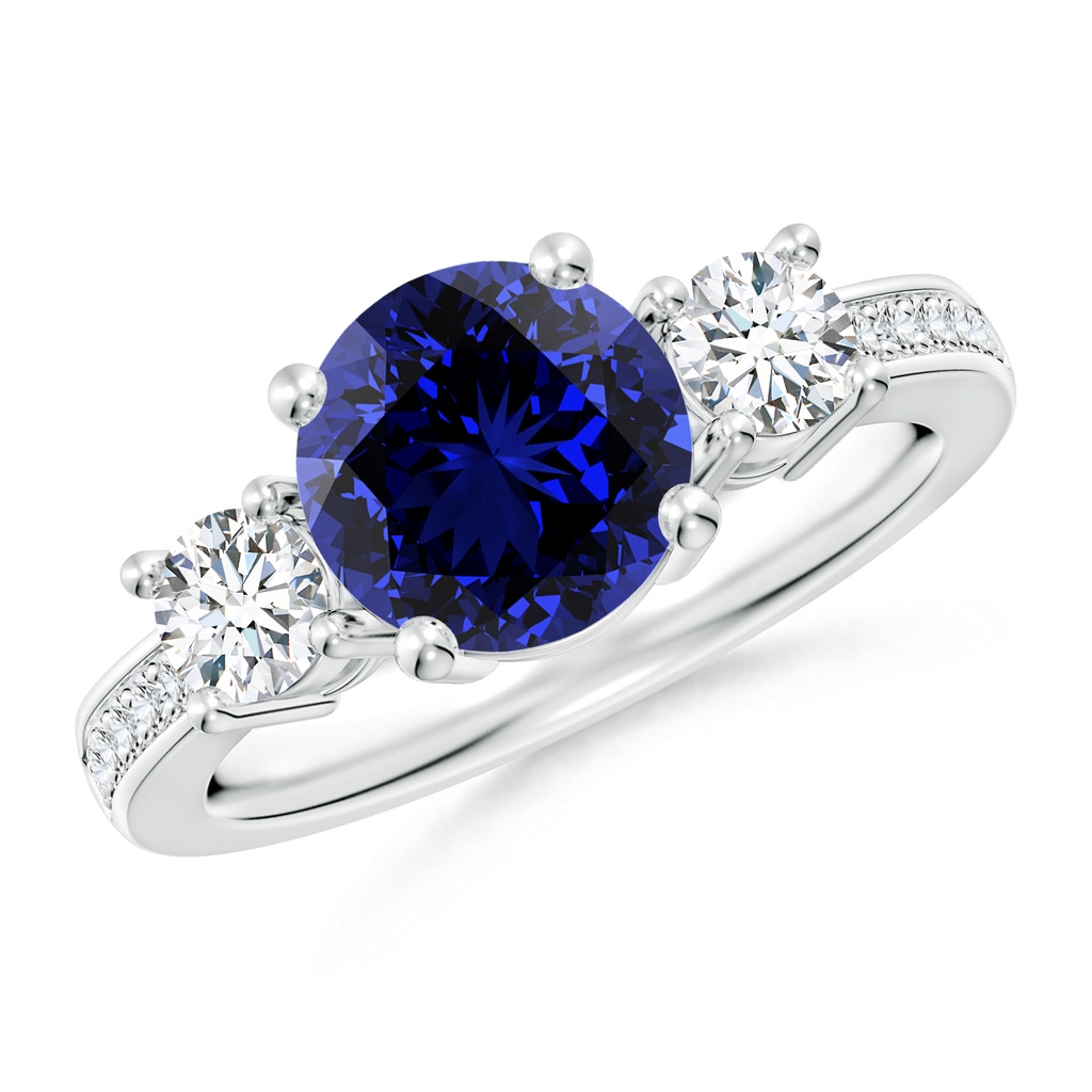8mm Labgrown Lab-Grown Classic Three Stone Blue Sapphire and Diamond Ring in White Gold