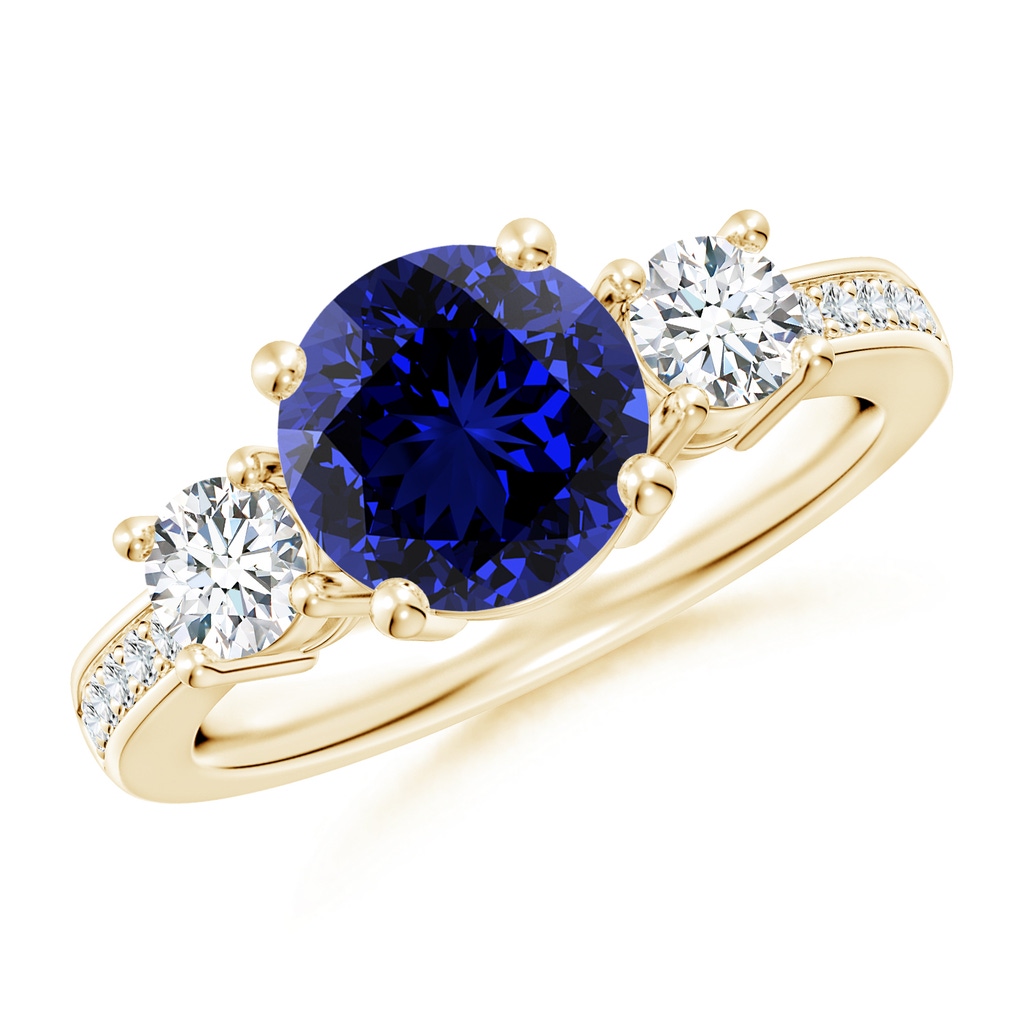 8mm Labgrown Lab-Grown Classic Three Stone Blue Sapphire and Diamond Ring in Yellow Gold