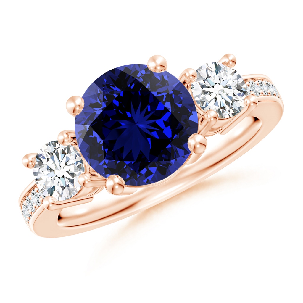 9mm Labgrown Lab-Grown Classic Three Stone Blue Sapphire and Diamond Ring in 10K Rose Gold