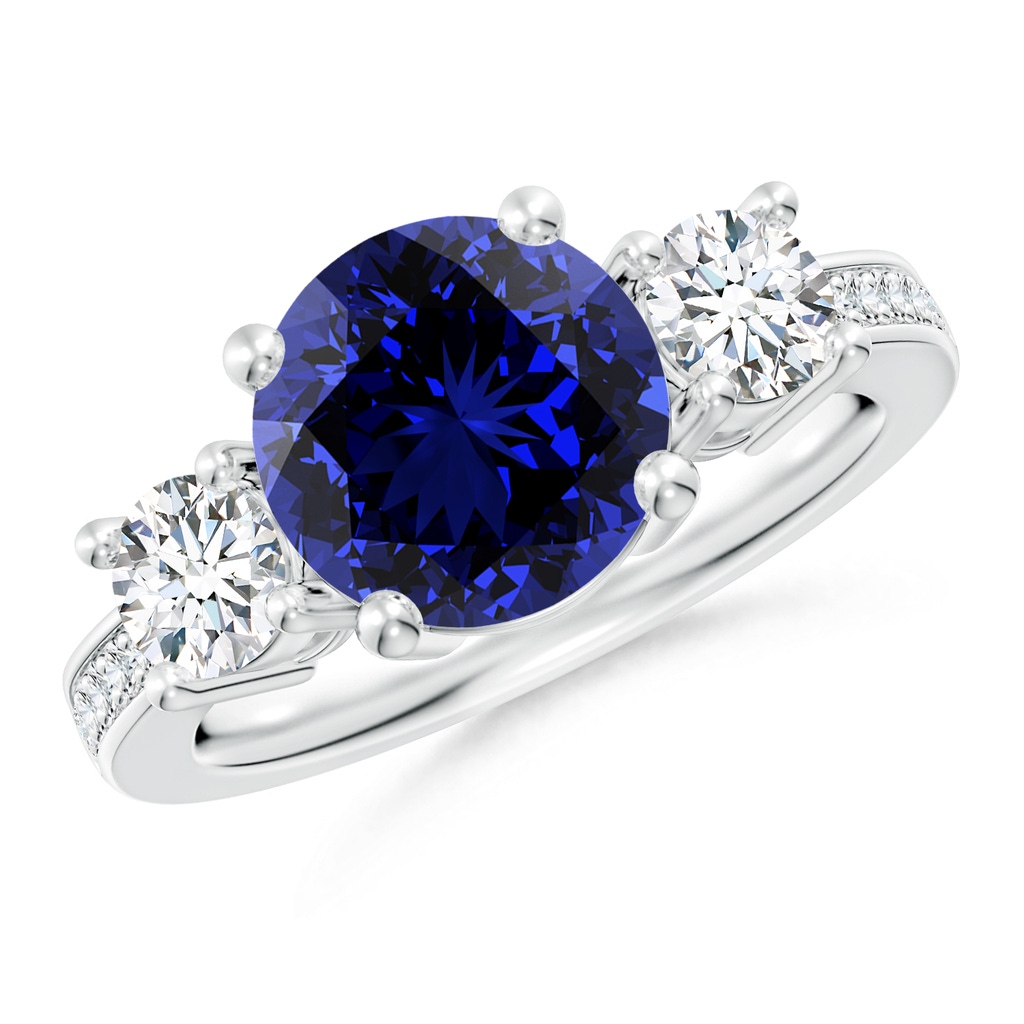 9mm Labgrown Lab-Grown Classic Three Stone Blue Sapphire and Diamond Ring in White Gold