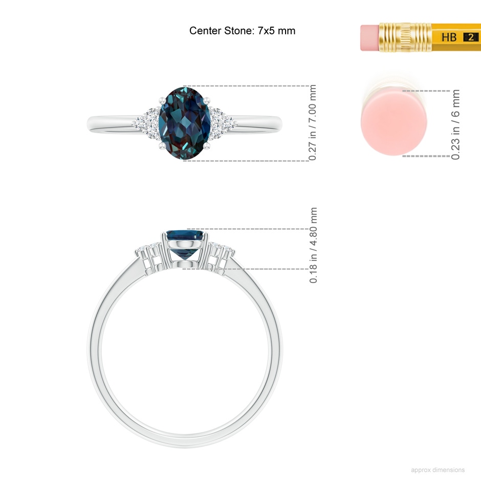 7x5mm Labgrown Tapered Shank Oval Lab-Grown Alexandrite Ring with Trio Diamond Accent in 18K White Gold ruler