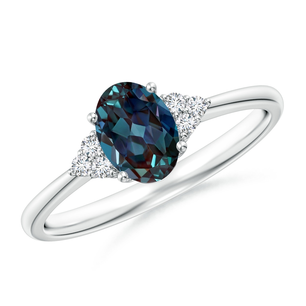 7x5mm Labgrown Tapered Shank Oval Lab-Grown Alexandrite Ring with Trio Diamond Accent in P950 Platinum