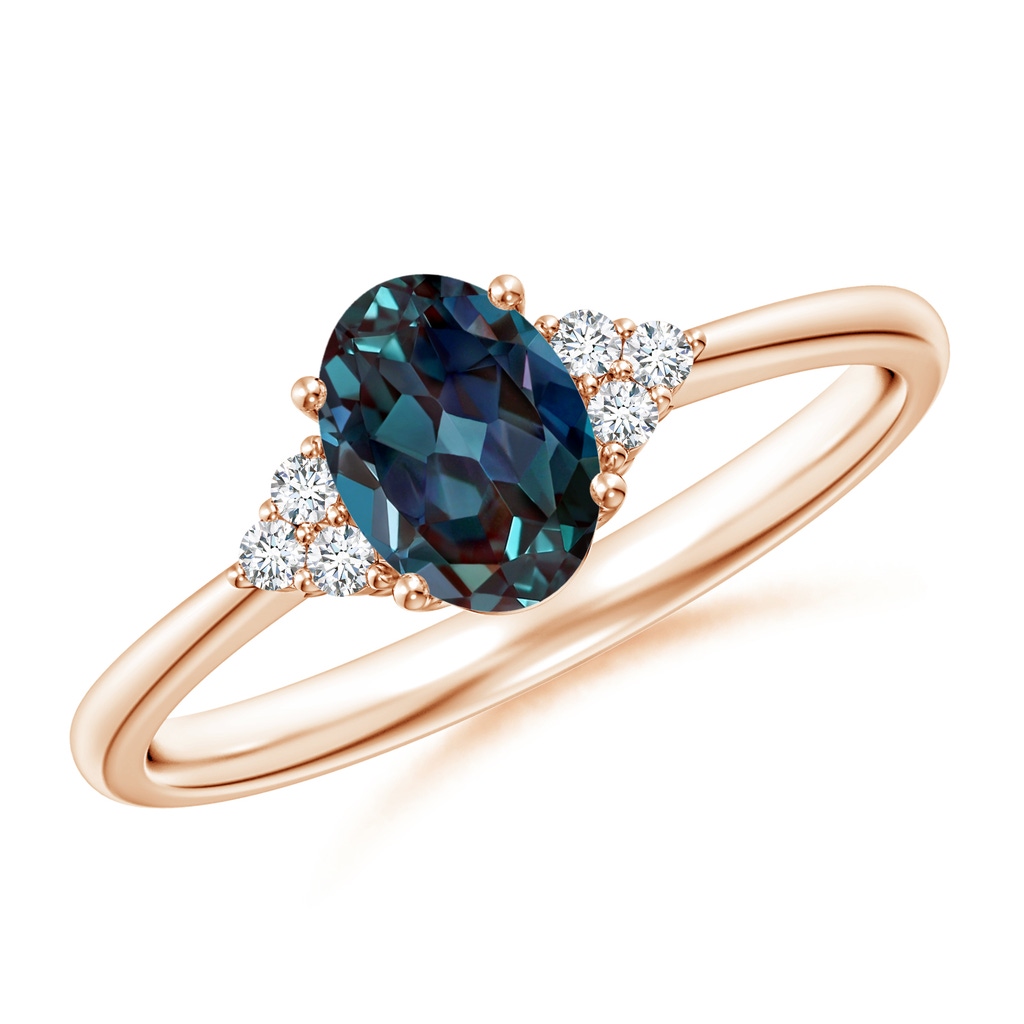 7x5mm Labgrown Tapered Shank Oval Lab-Grown Alexandrite Ring with Trio Diamond Accent in Rose Gold