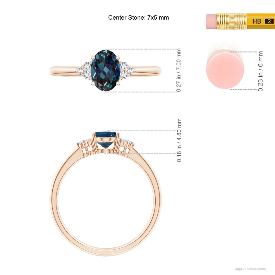 7x5mm Labgrown Tapered Shank Oval Lab-Grown Alexandrite Ring with Trio Diamond Accent in Rose Gold ruler