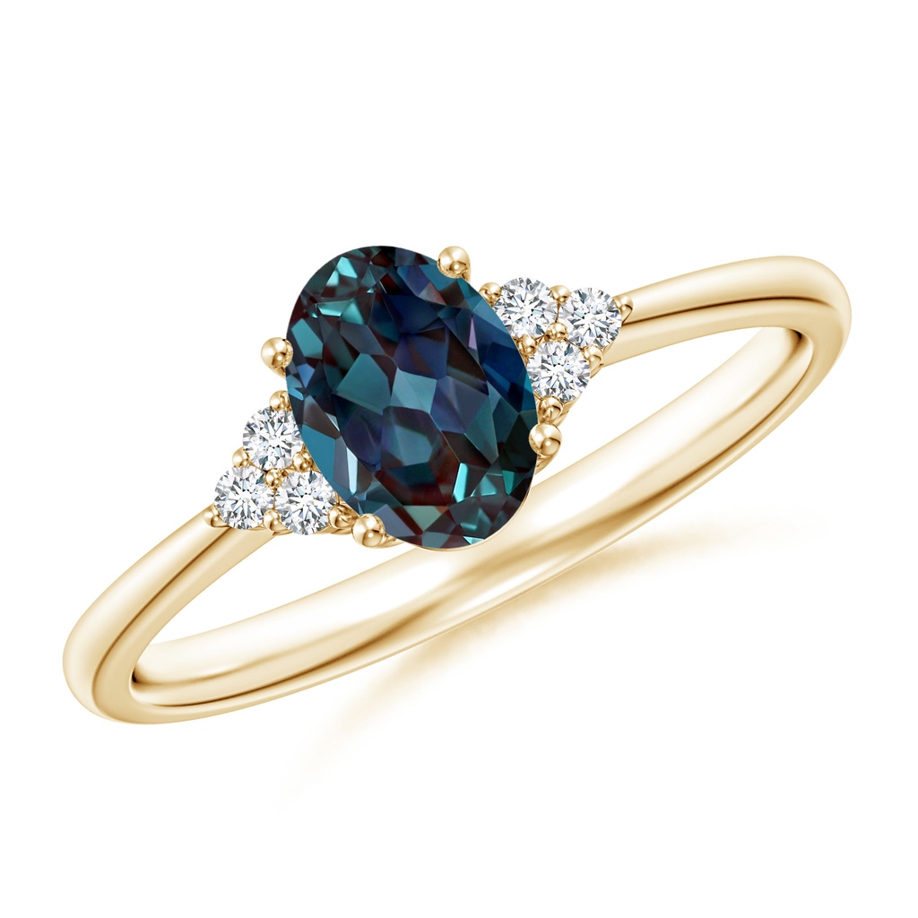 7x5mm Labgrown Tapered Shank Oval Lab-Grown Alexandrite Ring with Trio Diamond Accent in Yellow Gold