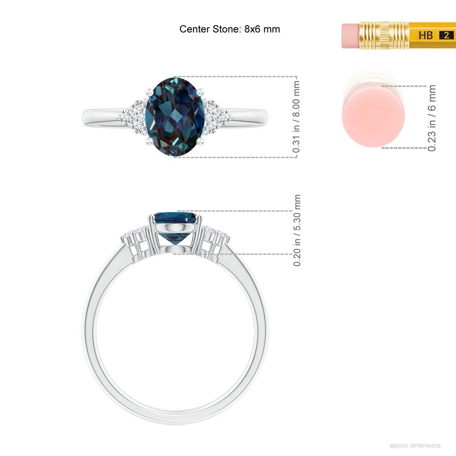 8x6mm Labgrown Tapered Shank Oval Lab-Grown Alexandrite Ring with Trio Diamond Accent in P950 Platinum ruler