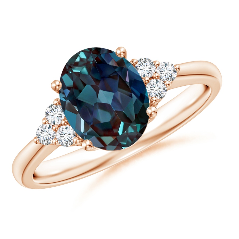 9x7mm Labgrown Tapered Shank Oval Lab-Grown Alexandrite Ring with Trio Diamond Accent in 18K Rose Gold 
