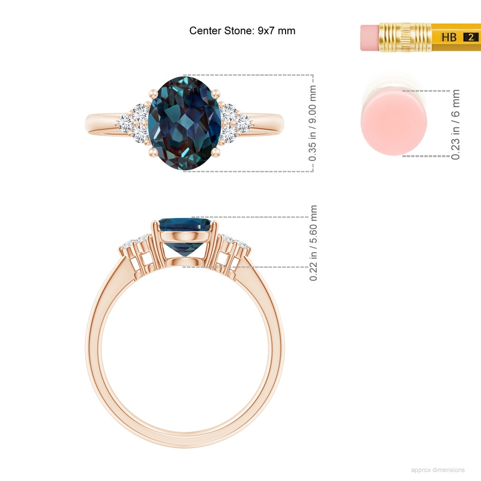 9x7mm Labgrown Tapered Shank Oval Lab-Grown Alexandrite Ring with Trio Diamond Accent in 18K Rose Gold ruler