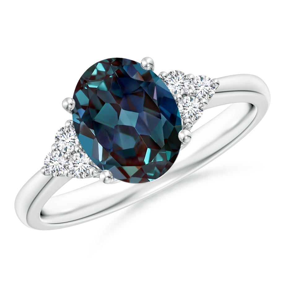 9x7mm Labgrown Tapered Shank Oval Lab-Grown Alexandrite Ring with Trio Diamond Accent in P950 Platinum 