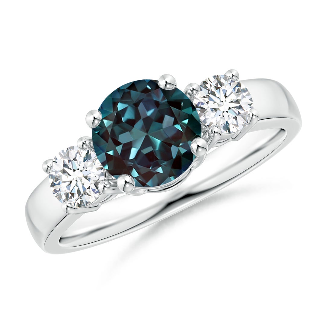 Classic Round Lab-Grown Alexandrite and Diamond Three Stone Ring