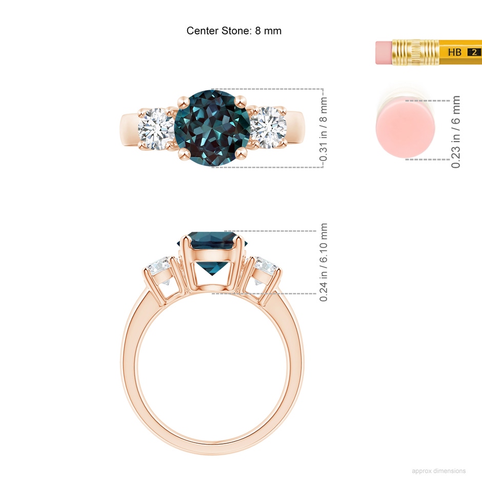 8mm Labgrown Classic Lab-Grown Alexandrite and Diamond Three Stone Ring in Rose Gold ruler