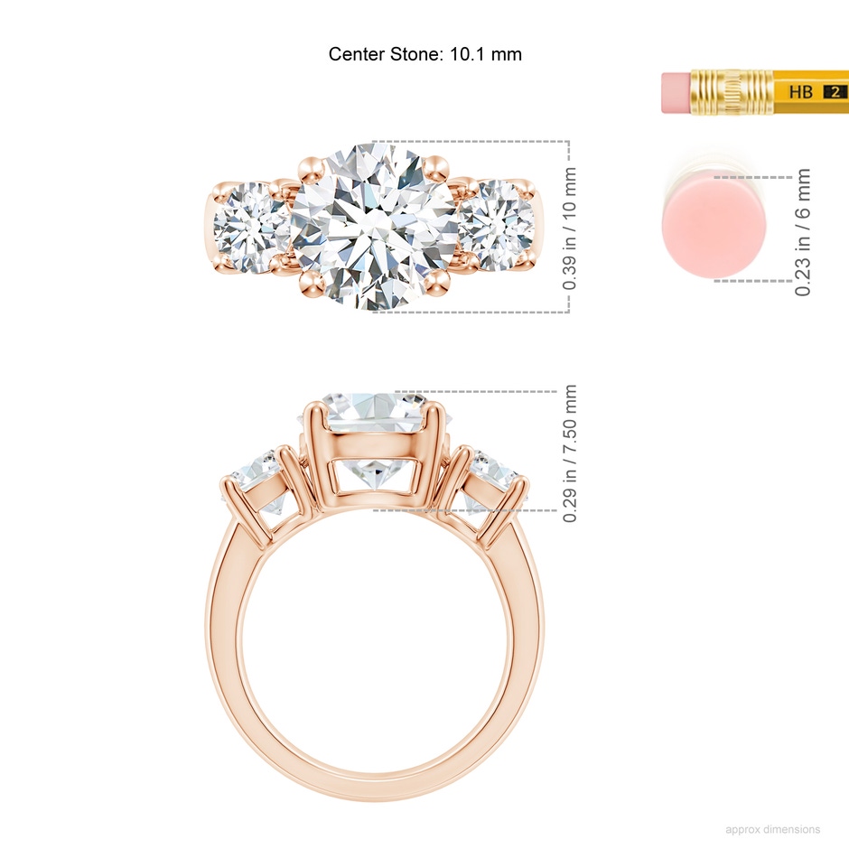 10.1mm FGVS Lab-Grown Classic Diamond Three Stone Engagement Ring in Rose Gold ruler