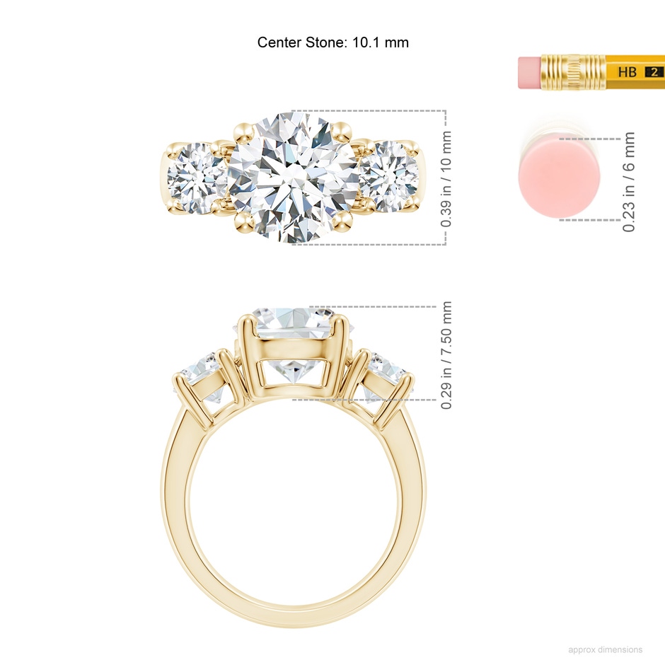 10.1mm FGVS Lab-Grown Classic Diamond Three Stone Engagement Ring in Yellow Gold ruler