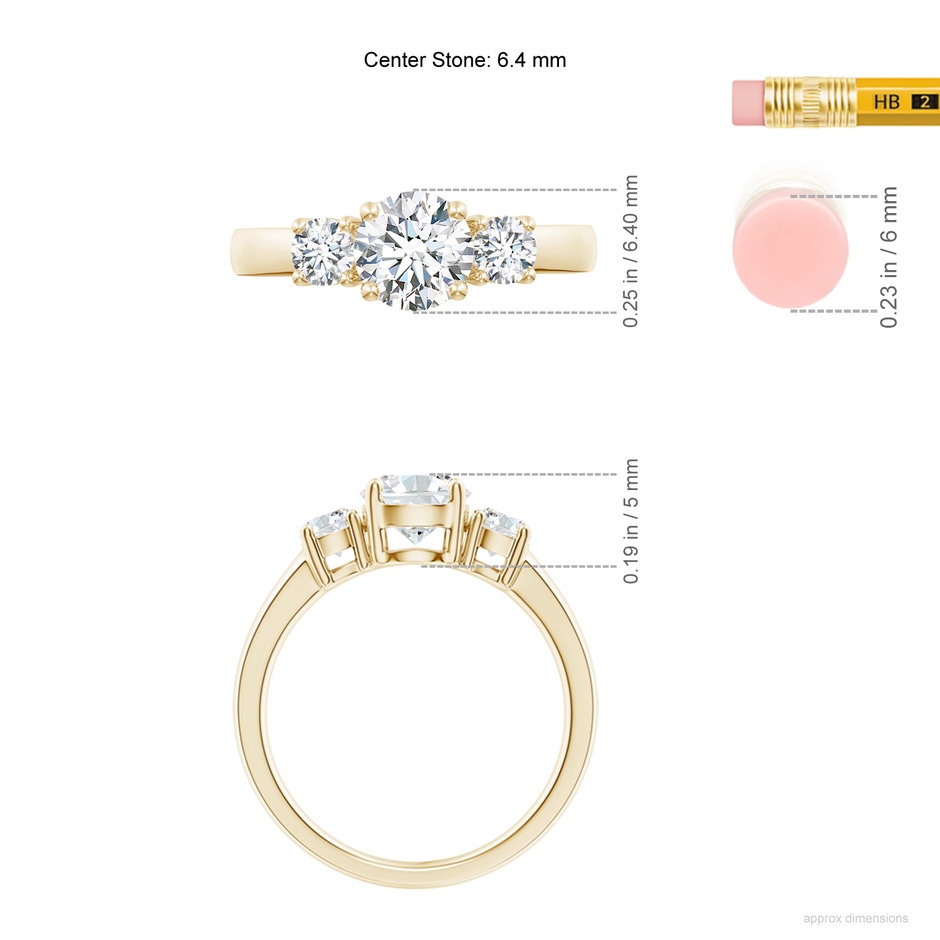 6.4mm FGVS Lab-Grown Classic Diamond Three Stone Engagement Ring in Yellow Gold ruler