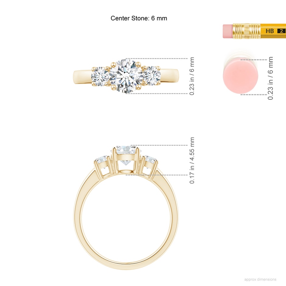 6mm FGVS Lab-Grown Classic Diamond Three Stone Engagement Ring in Yellow Gold ruler