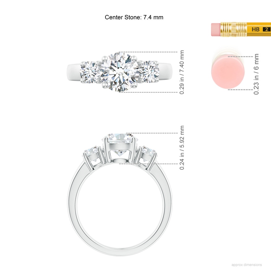 7.4mm FGVS Lab-Grown Classic Diamond Three Stone Engagement Ring in White Gold ruler