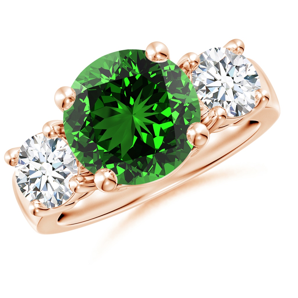 10mm Labgrown Lab-Grown Classic Emerald and Lab Diamond Three Stone Engagement Ring in Rose Gold