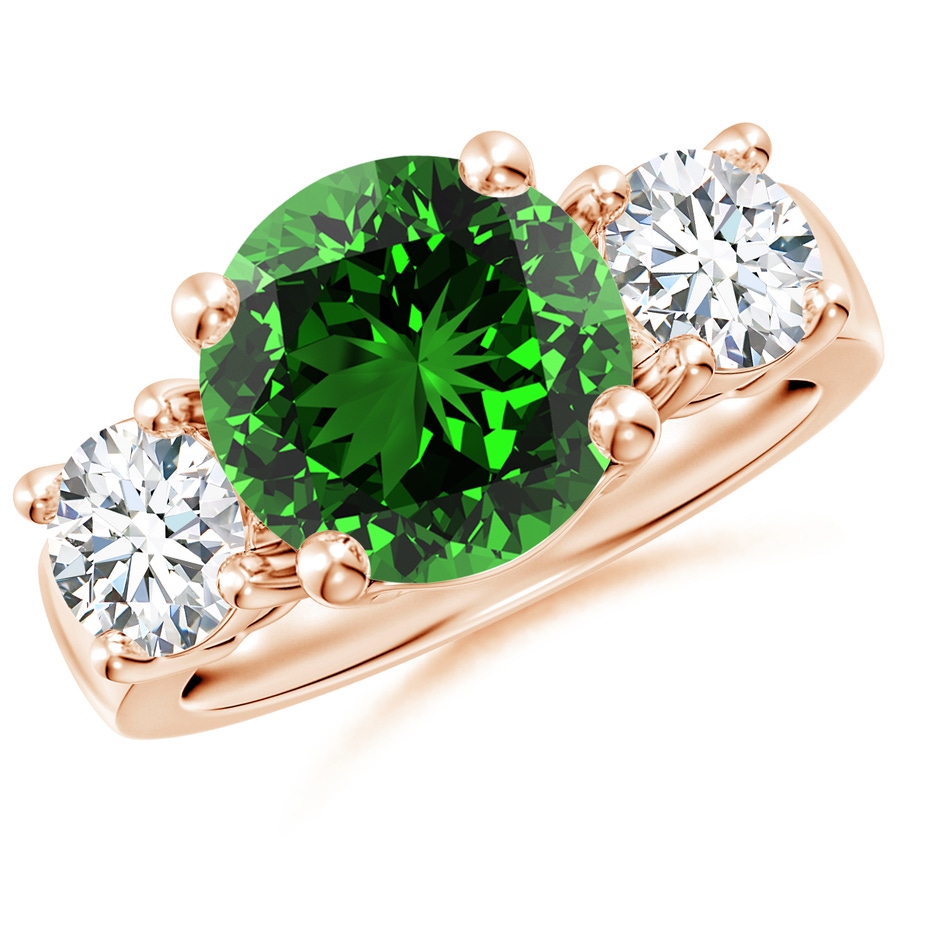 10mm Labgrown Lab-Grown Classic Emerald and Lab Diamond Three Stone Engagement Ring in Rose Gold 
