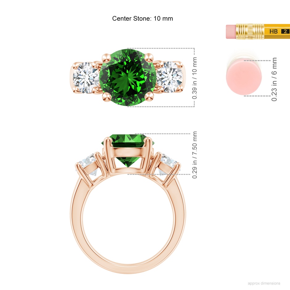 10mm Labgrown Lab-Grown Classic Emerald and Lab Diamond Three Stone Engagement Ring in Rose Gold ruler