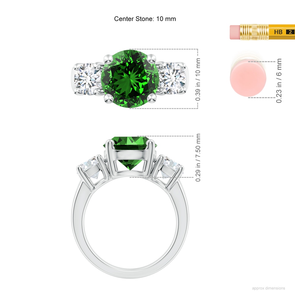 10mm Labgrown Lab-Grown Classic Emerald and Lab Diamond Three Stone Engagement Ring in White Gold ruler