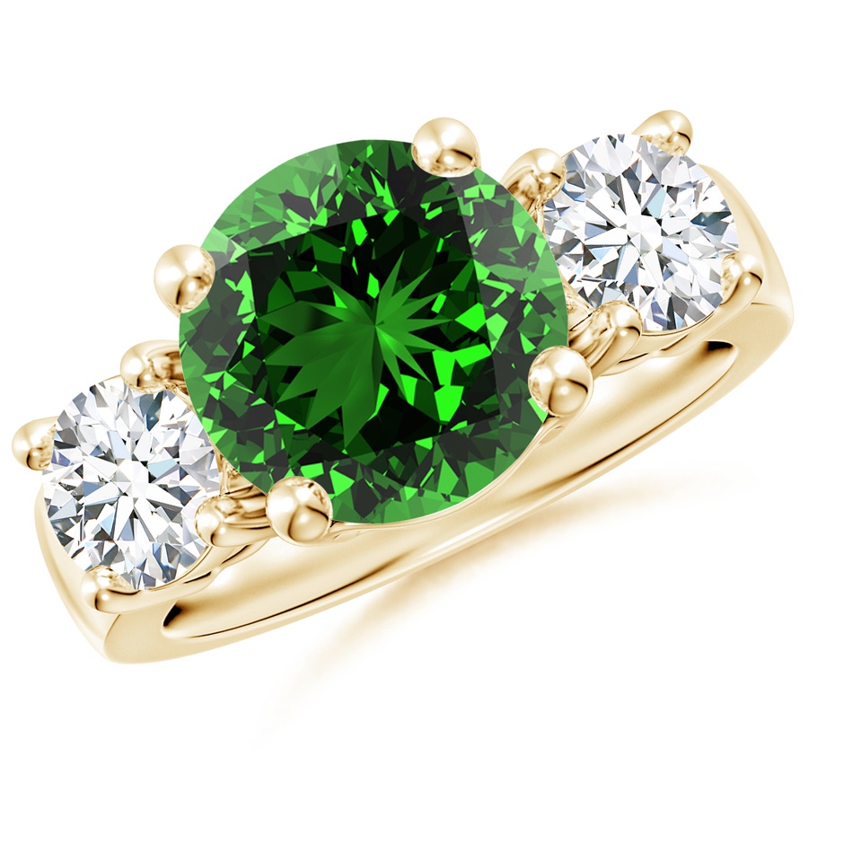 10mm Labgrown Lab-Grown Classic Emerald and Lab Diamond Three Stone Engagement Ring in Yellow Gold 