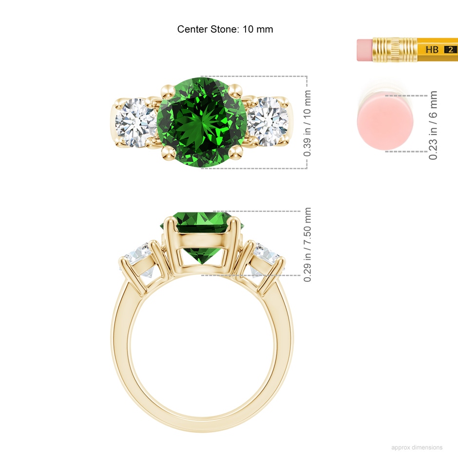 10mm Labgrown Lab-Grown Classic Emerald and Lab Diamond Three Stone Engagement Ring in Yellow Gold ruler