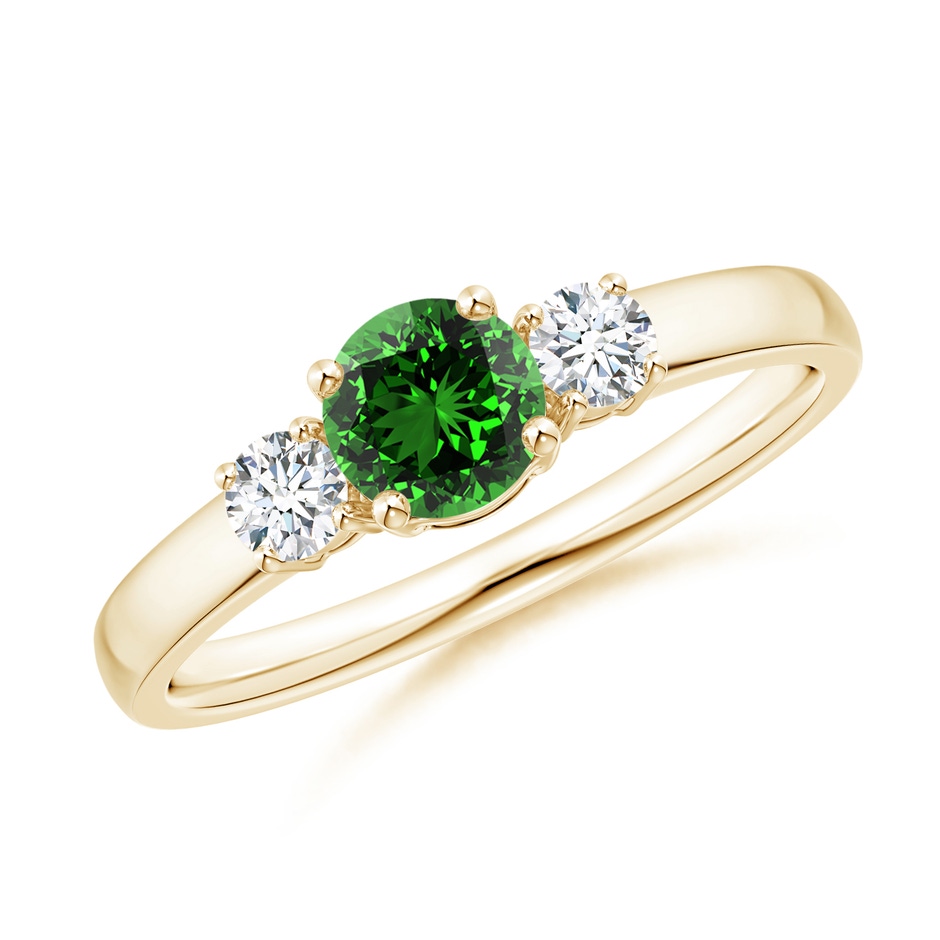 5mm Labgrown Lab-Grown Classic Emerald and Lab Diamond Three Stone Engagement Ring in Yellow Gold 
