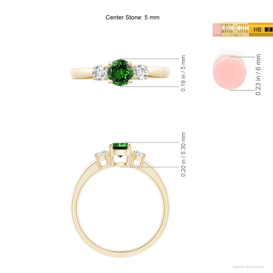 5mm Labgrown Lab-Grown Classic Emerald and Lab Diamond Three Stone Engagement Ring in Yellow Gold ruler