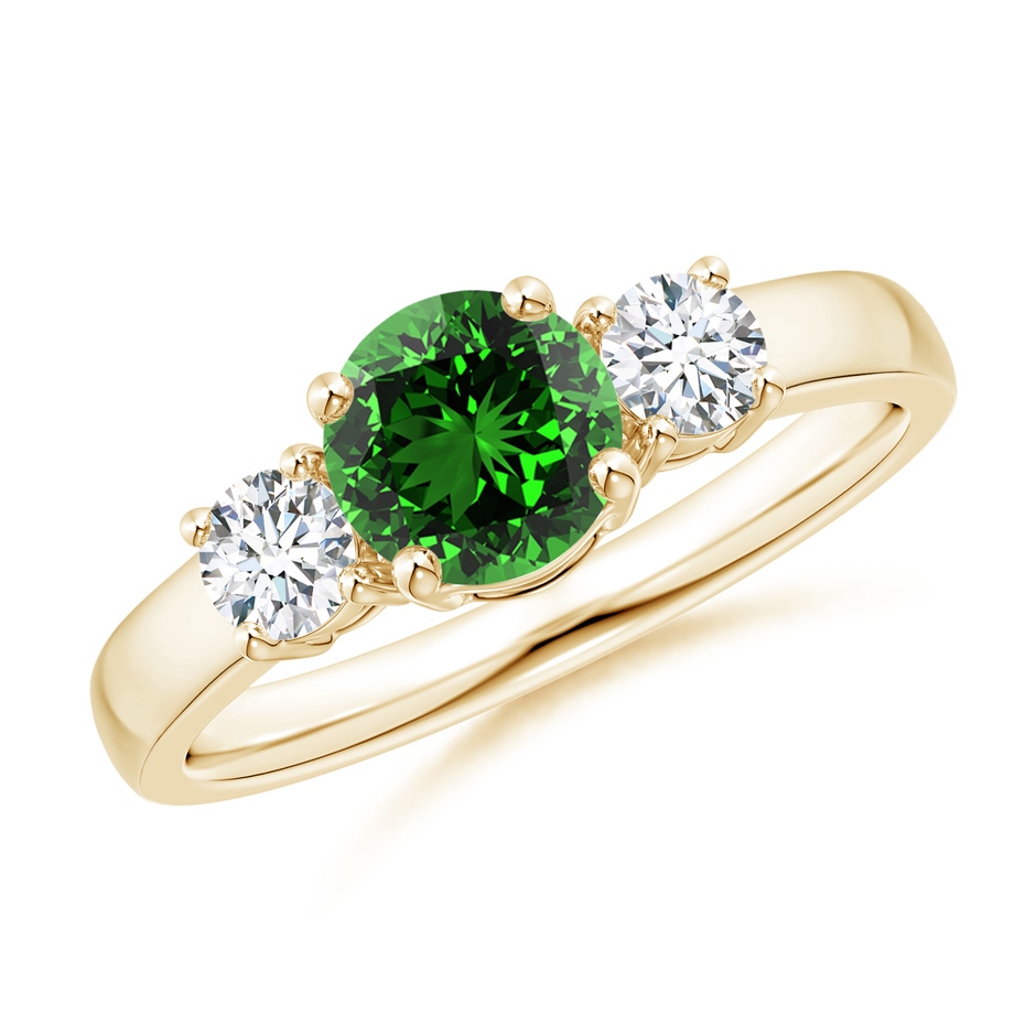 6mm Labgrown Lab-Grown Classic Emerald and Lab Diamond Three Stone Engagement Ring in Yellow Gold 