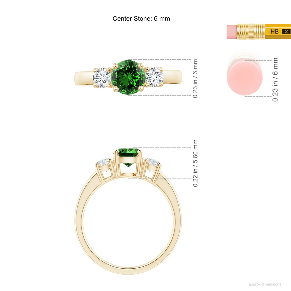 6mm Labgrown Lab-Grown Classic Emerald and Lab Diamond Three Stone Engagement Ring in Yellow Gold ruler