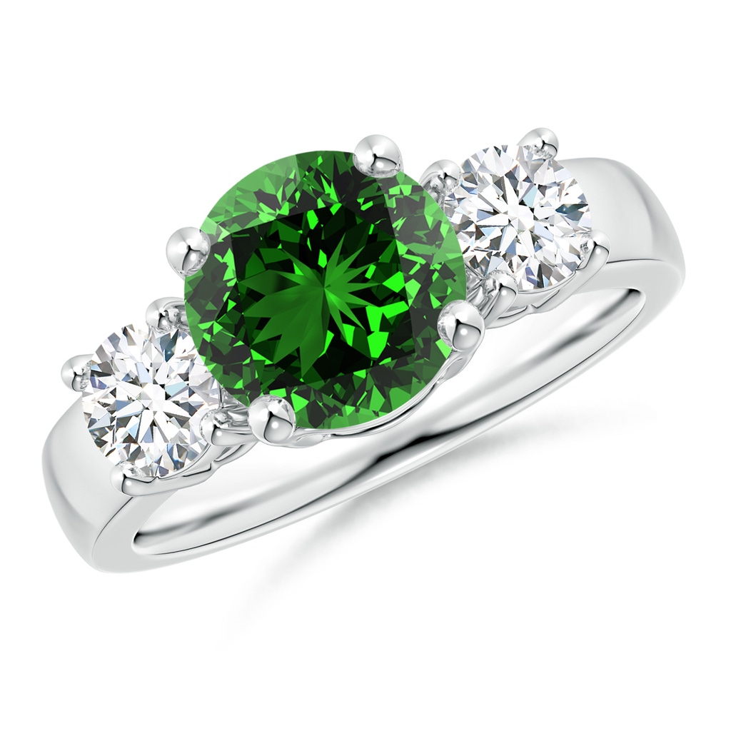 8mm Labgrown Lab-Grown Classic Emerald and Lab Diamond Three Stone Engagement Ring in White Gold