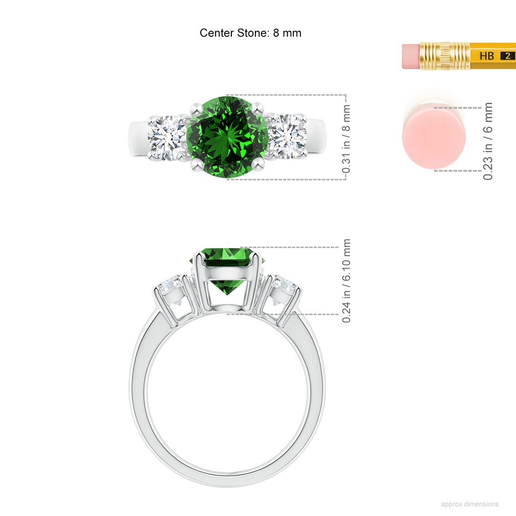 8mm Labgrown Lab-Grown Classic Emerald and Lab Diamond Three Stone Engagement Ring in White Gold ruler