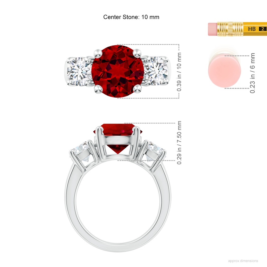 10mm Labgrown Lab-Grown Classic Ruby and Lab Diamond Three Stone Engagement Ring in P950 Platinum ruler