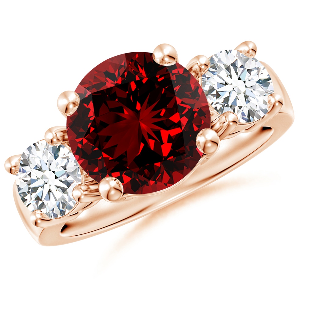 10mm Labgrown Lab-Grown Classic Ruby and Diamond Three Stone Engagement Ring in Rose Gold