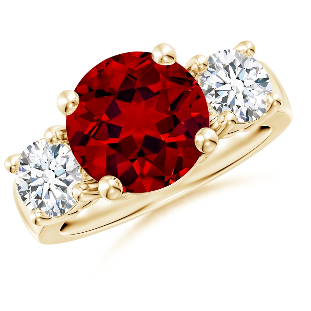 10mm Labgrown Lab-Grown Classic Ruby and Diamond Three Stone Engagement Ring in Yellow Gold