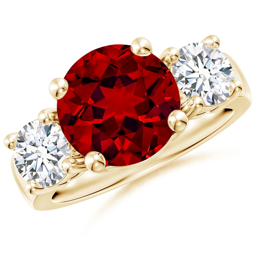 10mm Labgrown Lab-Grown Classic Ruby and Lab Diamond Three Stone Engagement Ring in Yellow Gold 