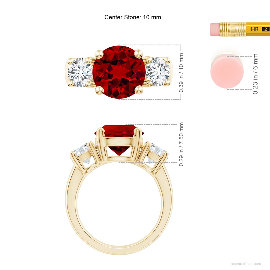 10mm Labgrown Lab-Grown Classic Ruby and Lab Diamond Three Stone Engagement Ring in Yellow Gold ruler