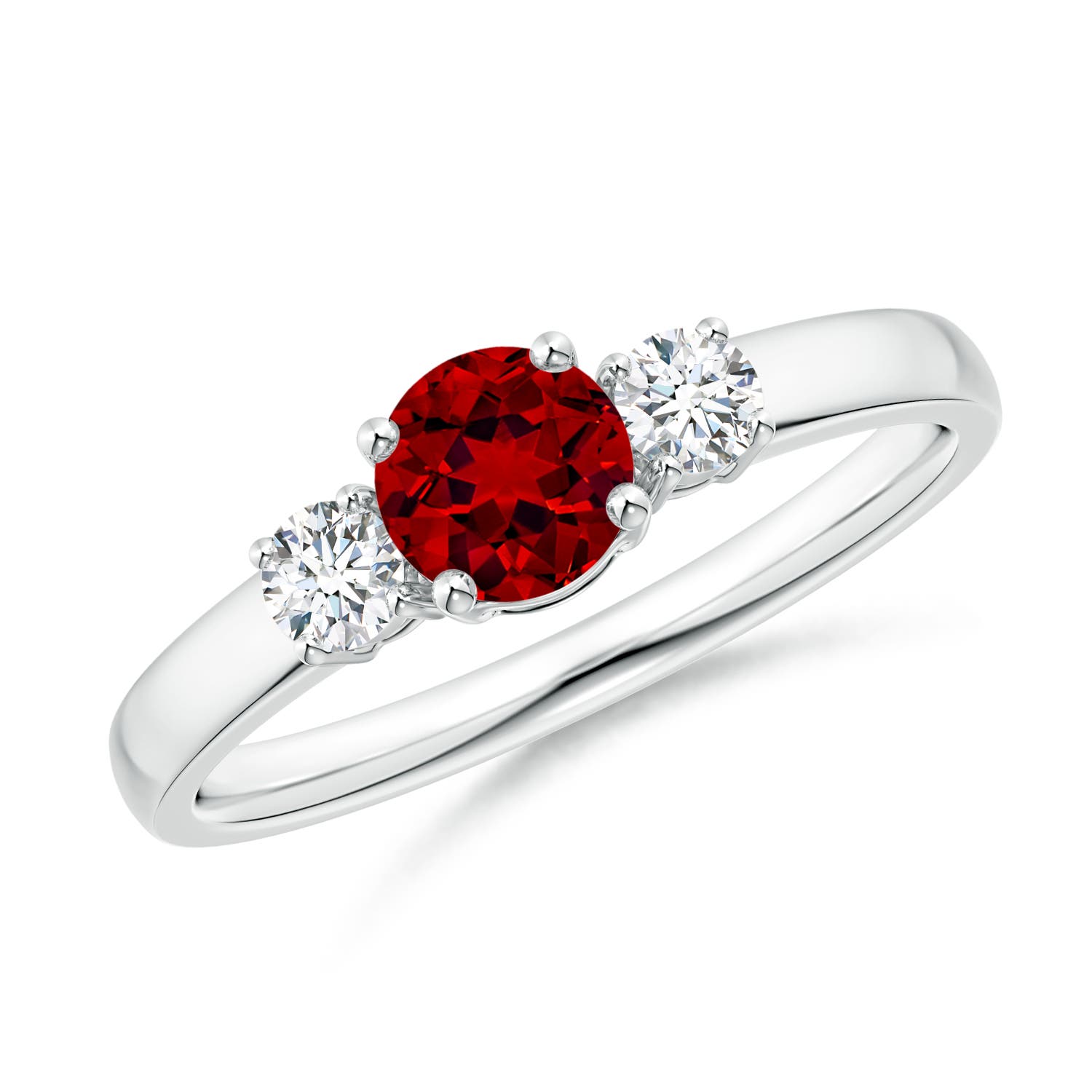 5mm Labgrown Lab-Grown Classic Ruby and Lab Diamond Three Stone Engagement Ring in 18K White Gold