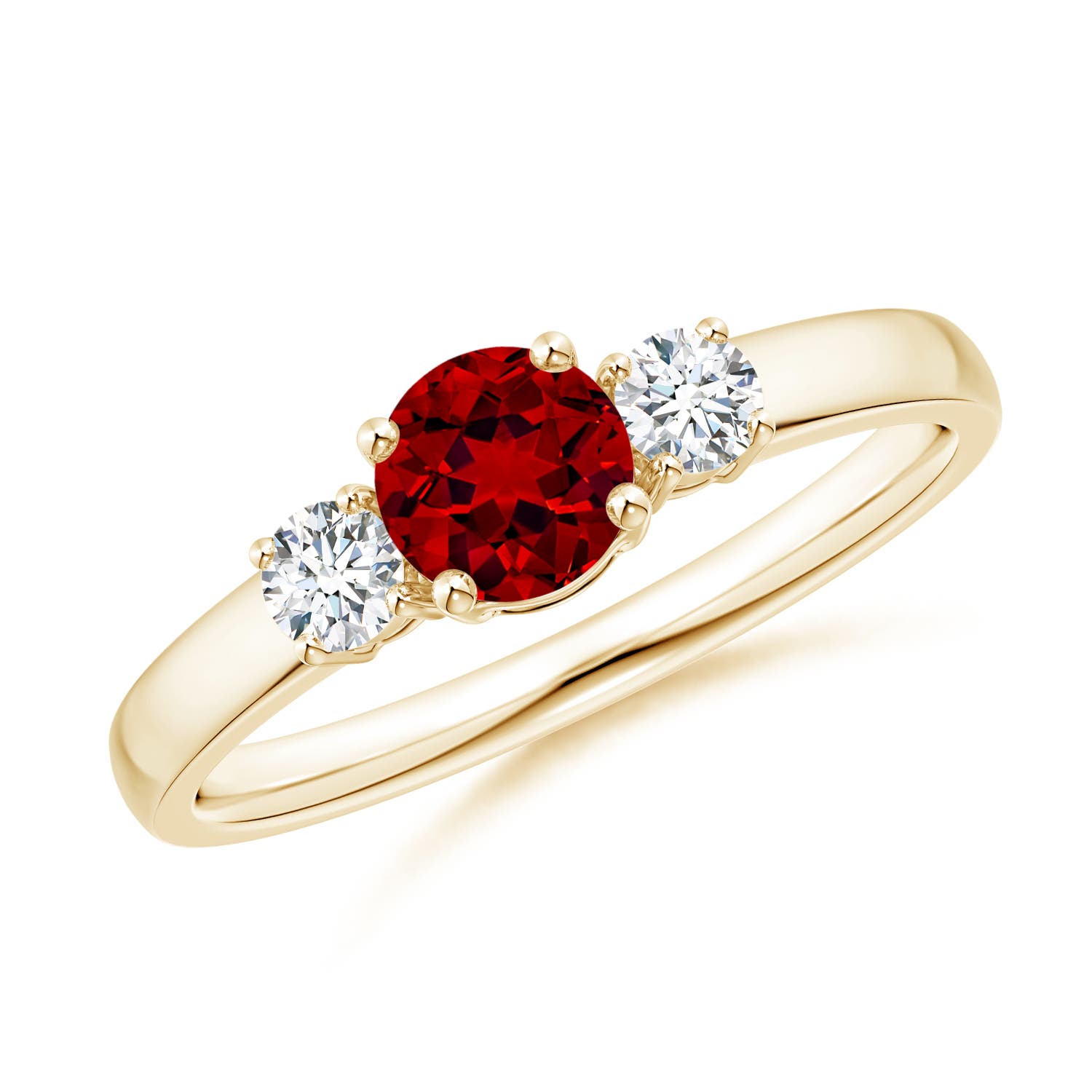 5mm Labgrown Lab-Grown Classic Ruby and Lab Diamond Three Stone Engagement Ring in 18K Yellow Gold