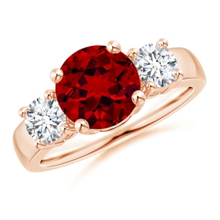 8mm Labgrown Lab-Grown Classic Ruby and Lab Diamond Three Stone Engagement Ring in Rose Gold