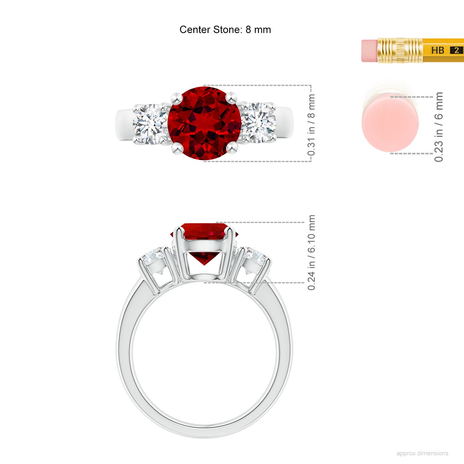 8mm Labgrown Lab-Grown Classic Ruby and Lab Diamond Three Stone Engagement Ring in White Gold - ruler