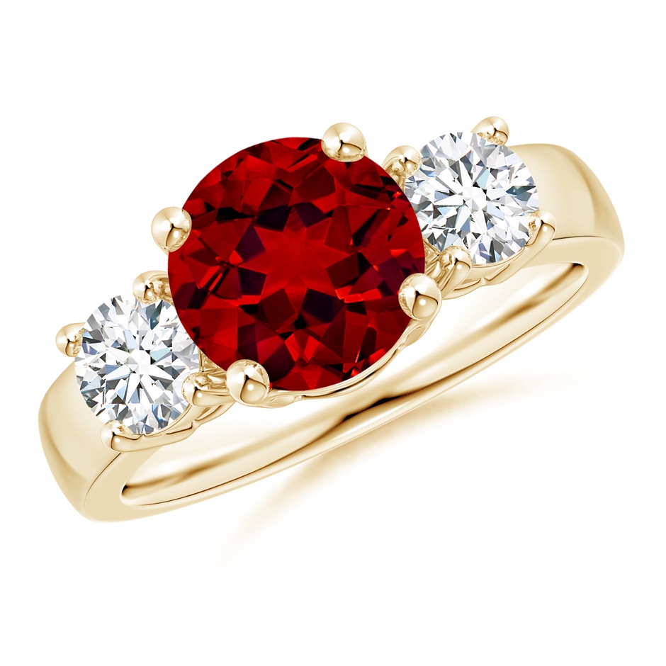 8mm Labgrown Lab-Grown Classic Ruby and Lab Diamond Three Stone Engagement Ring in Yellow Gold 