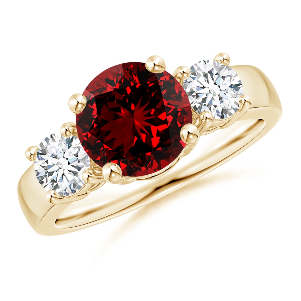8mm Labgrown Lab-Grown Classic Ruby and Diamond Three Stone Engagement Ring in Yellow Gold